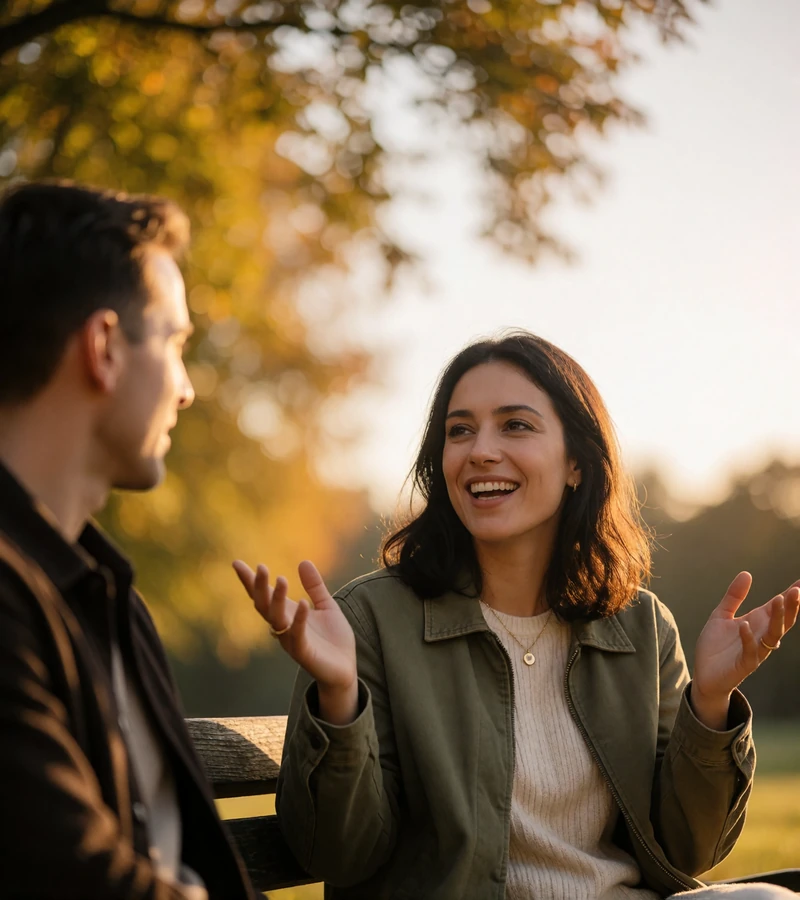Woman gesturing animatedly while explaining something on a park bench, with a man softly blurred beside her