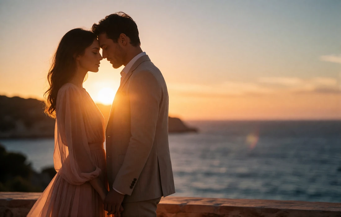 Couple standing forehead to forehead on a seaside terrace at sunset with the Mediterranean glowing behind them