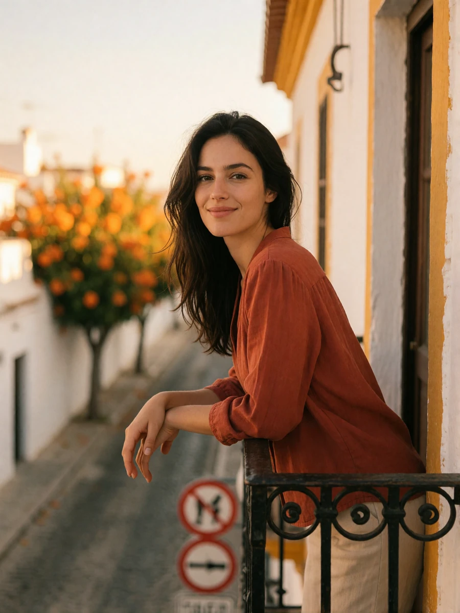 Spanish woman leaning on a wrought-iron balcony rail with a warm smile
