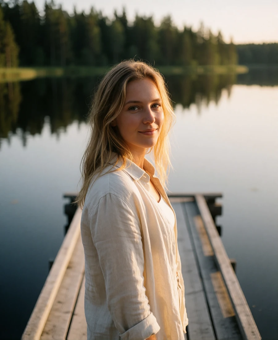 Finnish woman in a cream linen shirt turning back with a soft smile on a wooden pier over a still forest lake