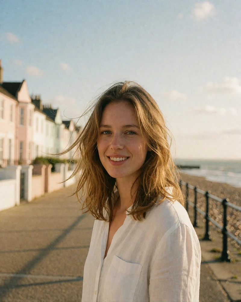 British woman in a white linen shirt smiling on a breezy English seaside promenade