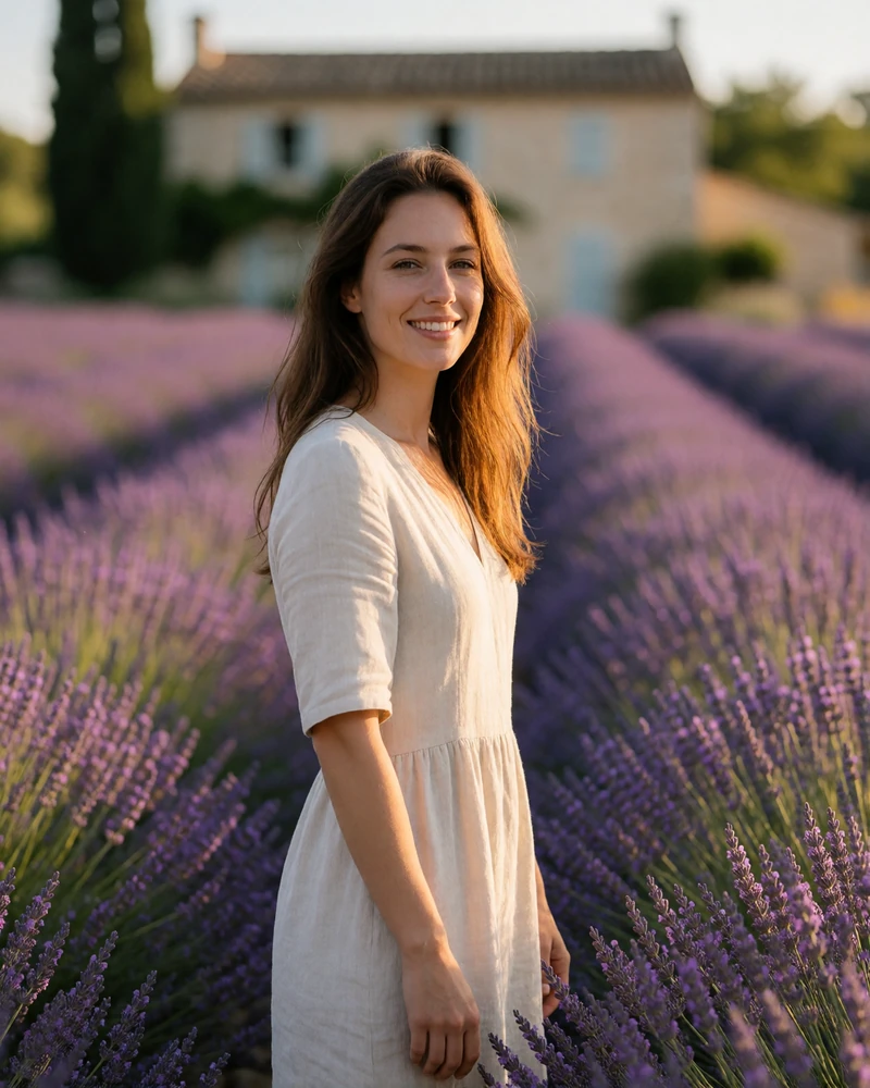 French woman in a pale linen dress smiling at the edge of a Provençal lavender field