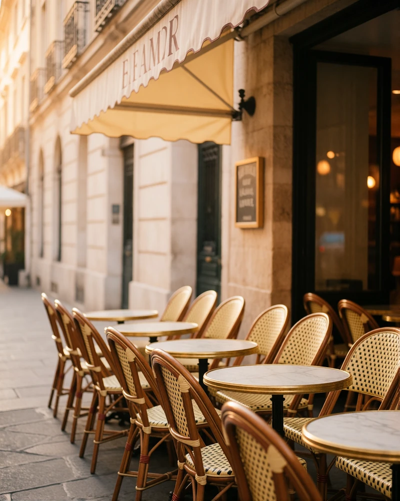 Empty Western European cafe terrace with rattan chairs and marble tables in warm golden-hour light