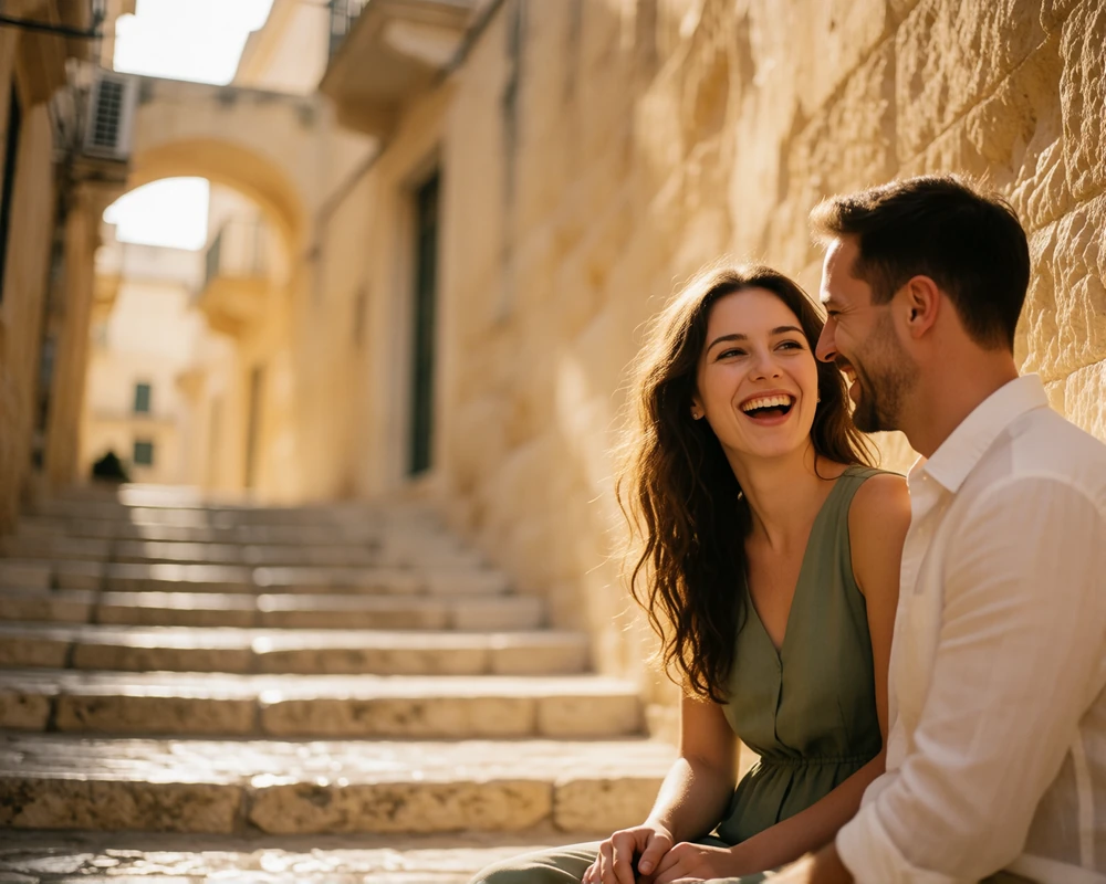 Couple laughing together on wide limestone steps in a Maltese old town street