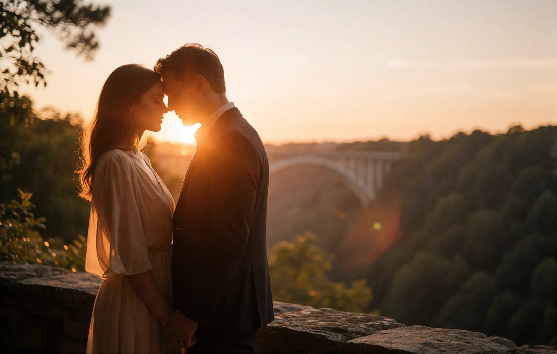 Couple standing forehead to forehead on a terrace above the Luxembourg valley at sunset