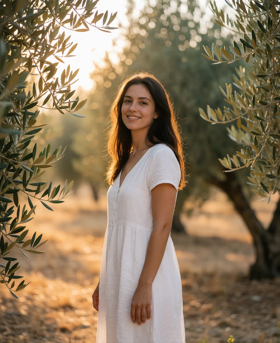Greek woman in a white cotton dress smiling in a sunlit olive grove at golden hour