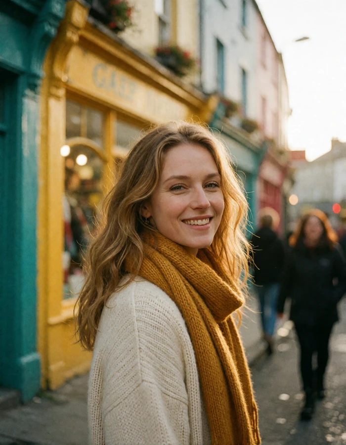 Irish woman with wavy strawberry-blonde hair and a mustard scarf smiling on a lively Galway lane