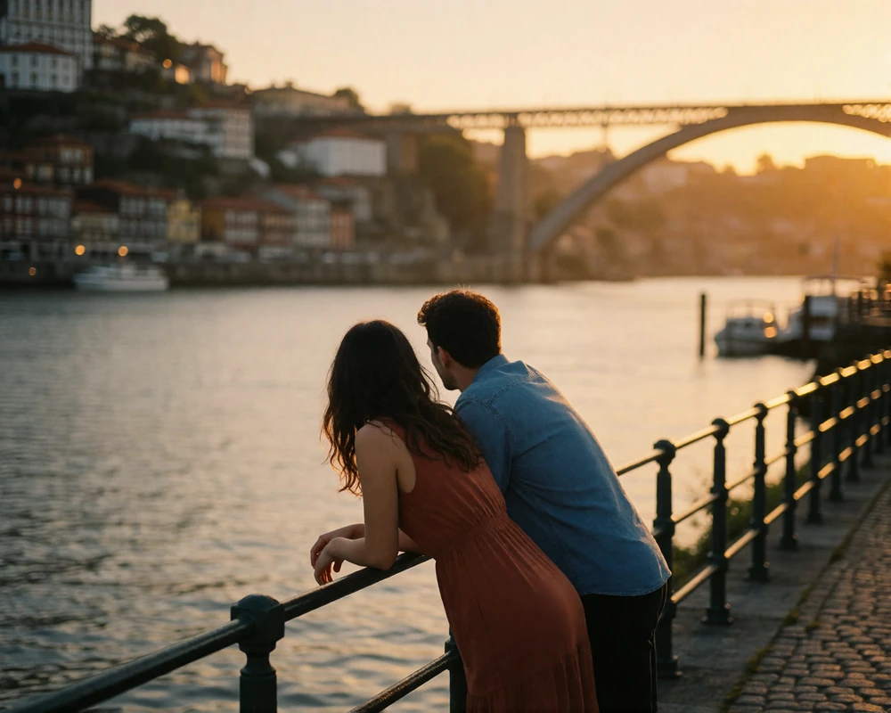 Couple leaning on a railing overlooking the river in Porto at dusk