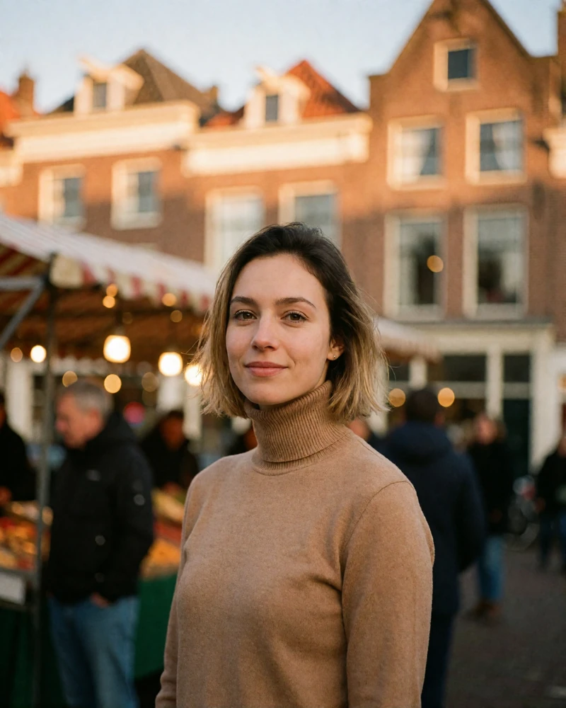 Dutch woman in a camel turtleneck smiling in a Haarlem old-town square