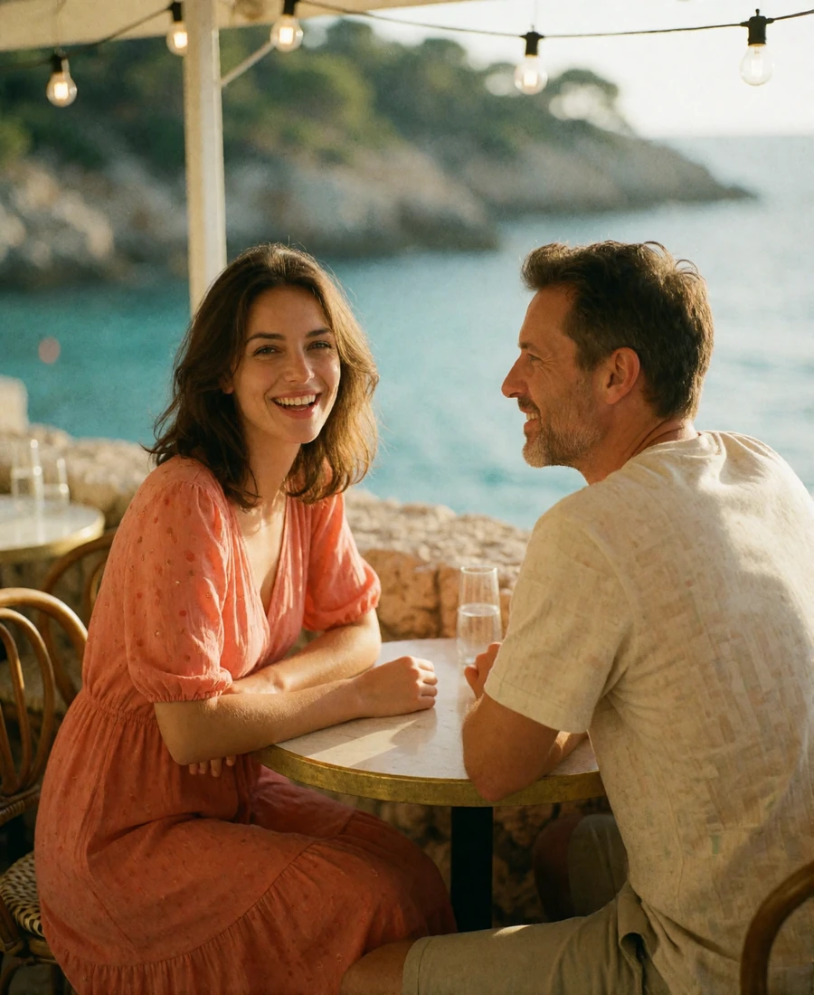 Couple laughing together at an open-air seaside taverna table above a hazy turquoise Mediterranean bay