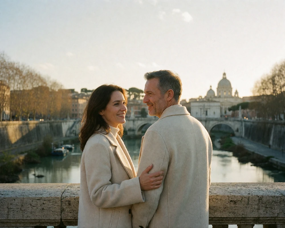 Couple standing together on a stone bridge over the river in Rome at golden hour