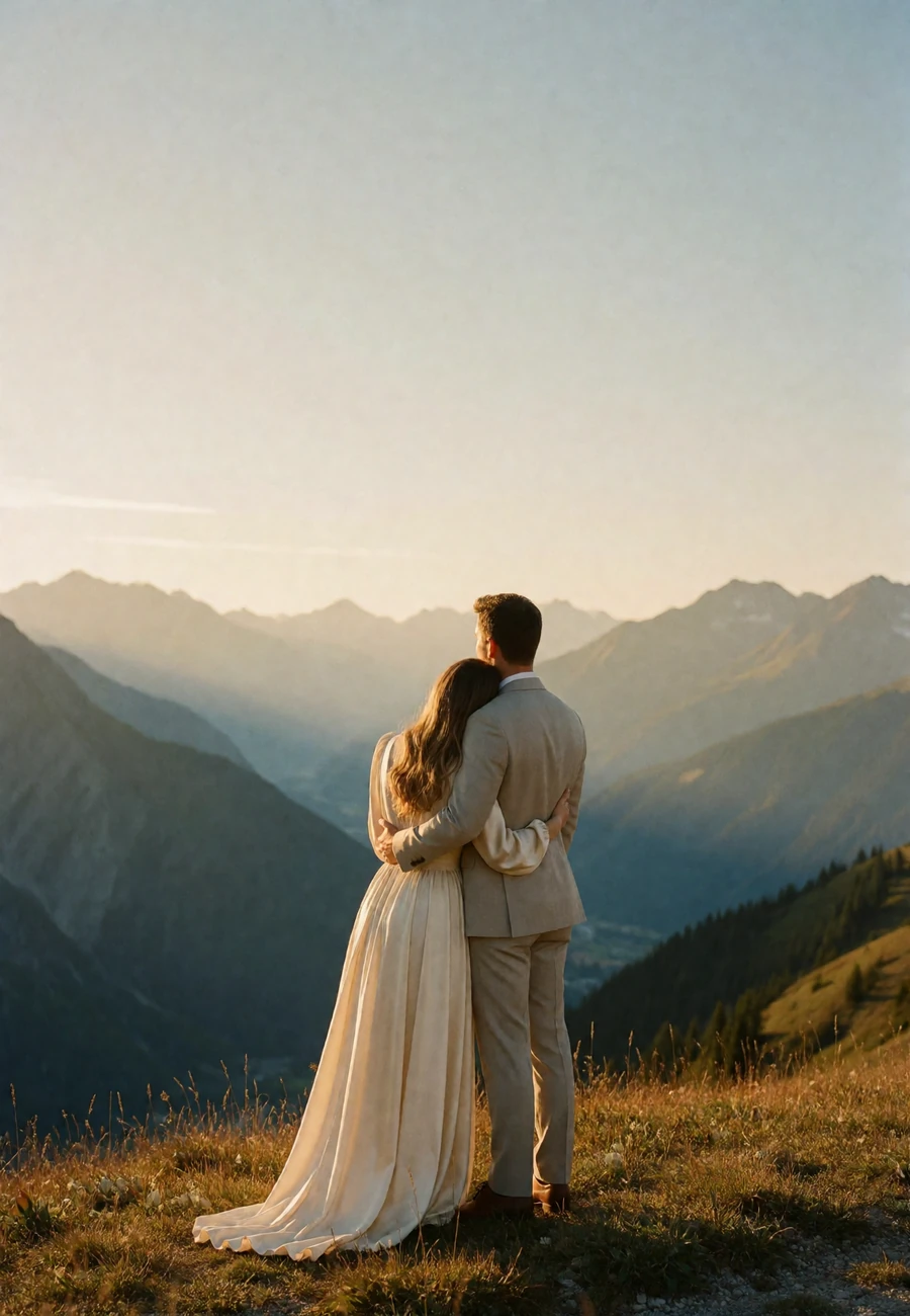 Couple embracing on an alpine ridge overlooking distant mountain peaks at sunset