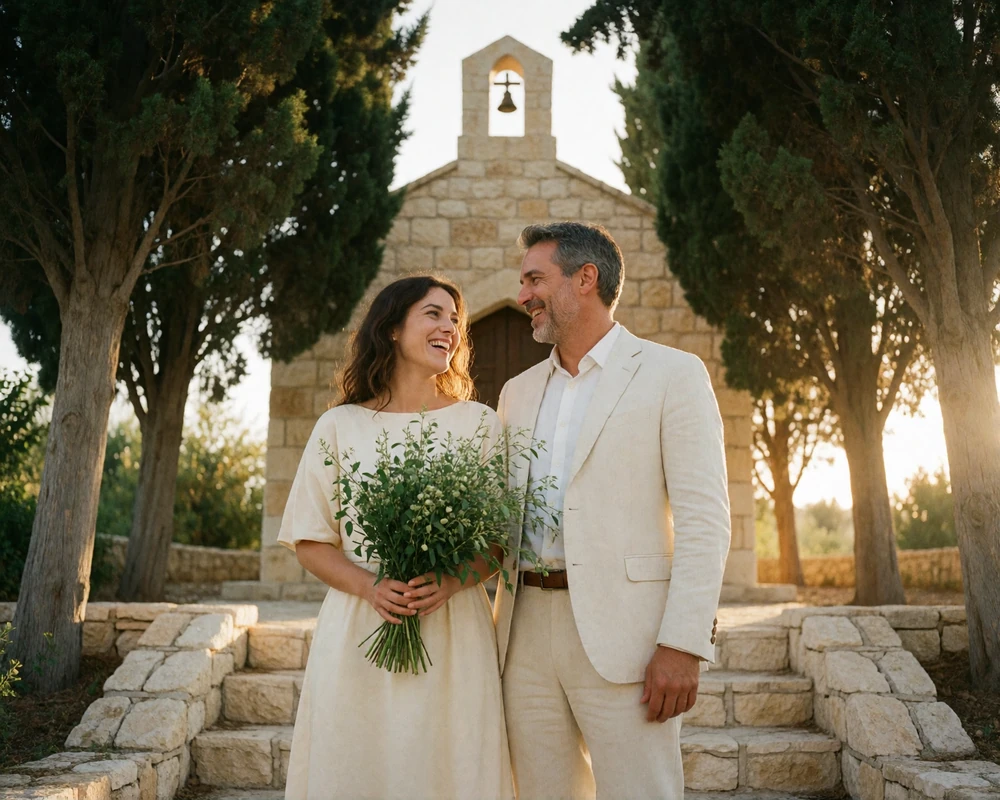 Newly married couple laughing on the steps of a small stone chapel surrounded by cypress trees in Cyprus