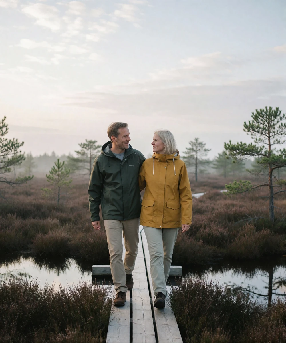 Couple walking together along a wooden boardwalk crossing an open Estonian bog landscape
