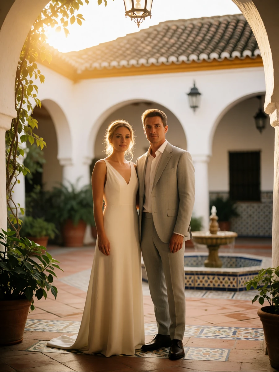 Bride and groom standing together in a tiled Andalusian courtyard