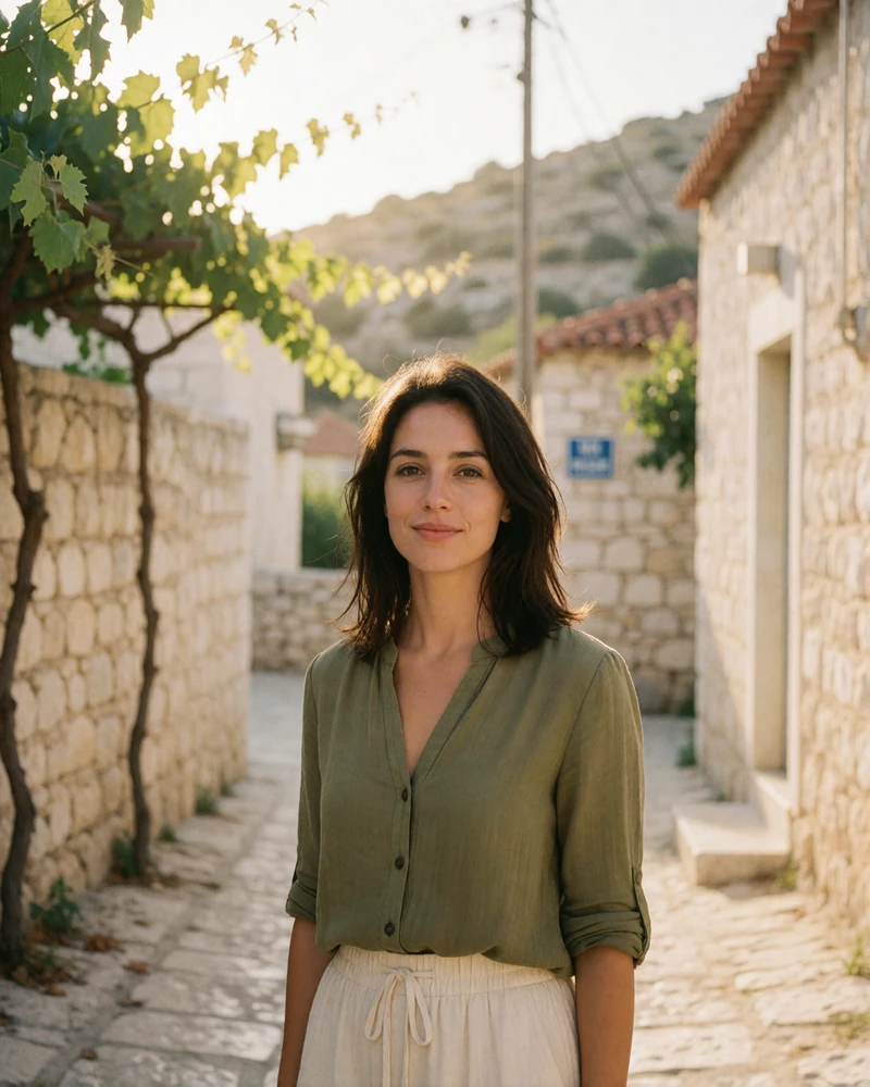 Cypriot woman in an olive-green blouse smiling in a sunlit stone village lane