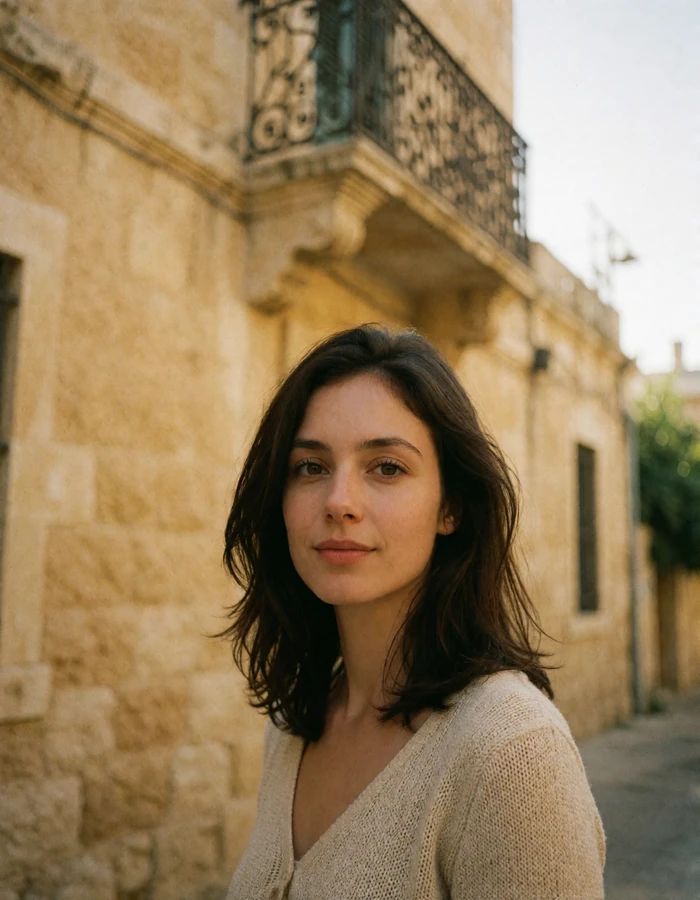 Cypriot woman in a light knit top smiling on a quiet Nicosia street with a sandstone façade behind her