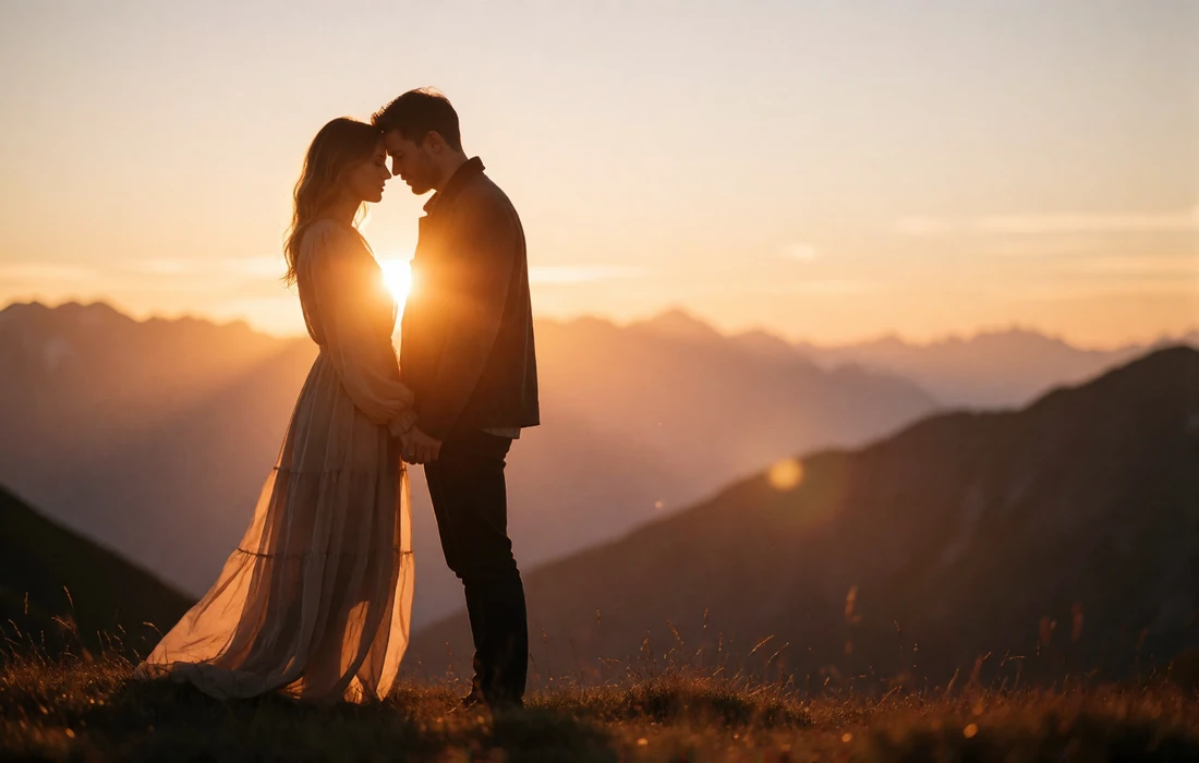Couple standing forehead to forehead on an alpine ridge at sunset with mountain silhouettes behind them
