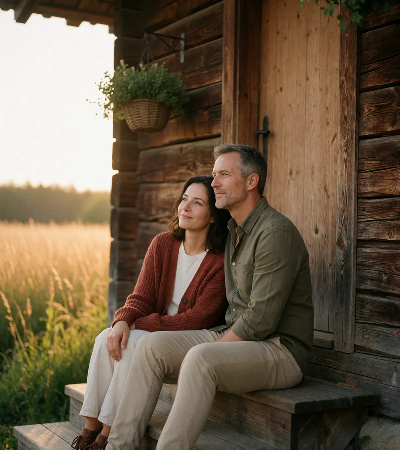 Couple sitting together on the wooden porch steps of a farmhouse at sunset