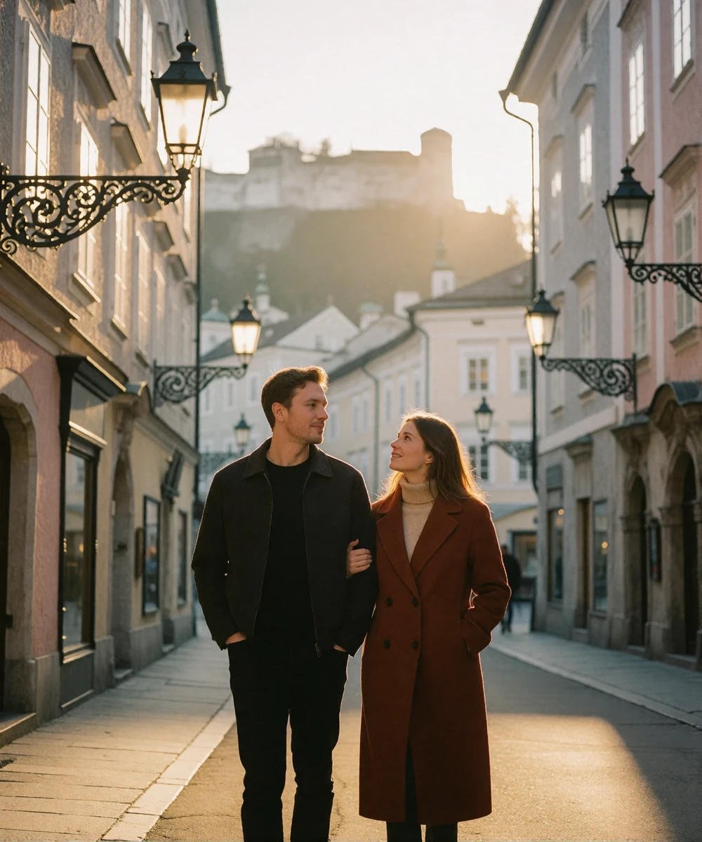 Couple walking arm in arm along a narrow Salzburg lane lined with pastel baroque facades