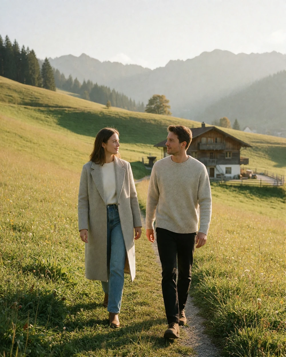 Couple walking along a grassy alpine path in southern Germany with mountain ridges in the distance