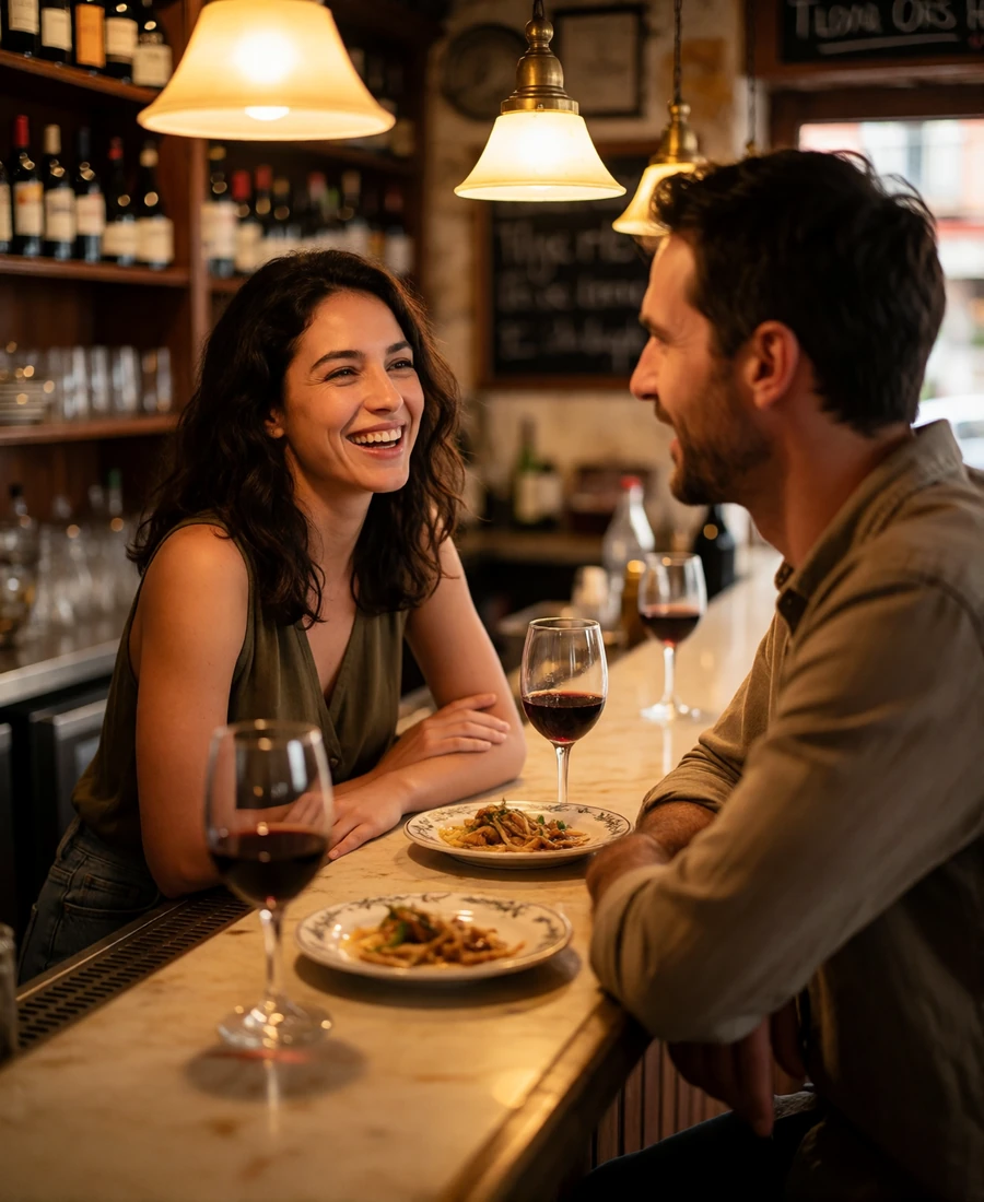 Couple laughing together at a tapas bar counter in Spain, warm brass lighting behind them