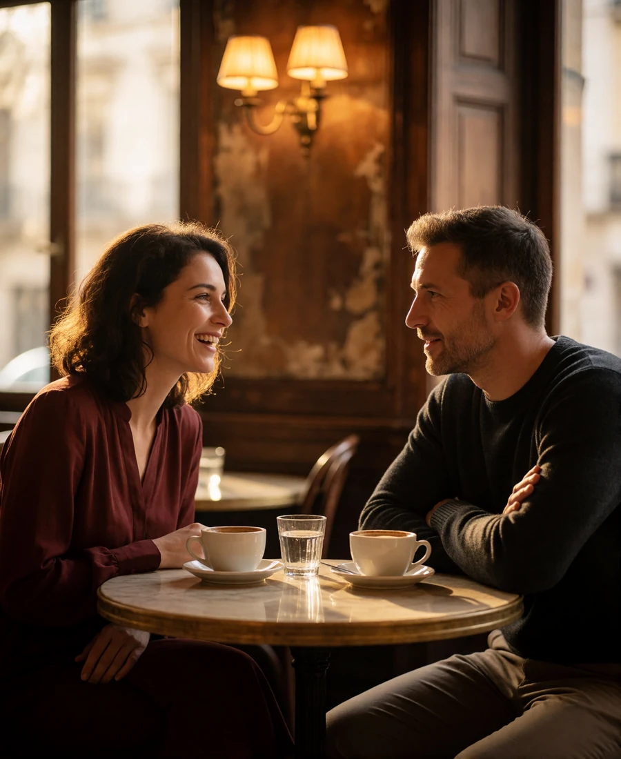 Couple laughing over coffee at a marble cafe table in an old-town Riga cafe with warm interior lighting
