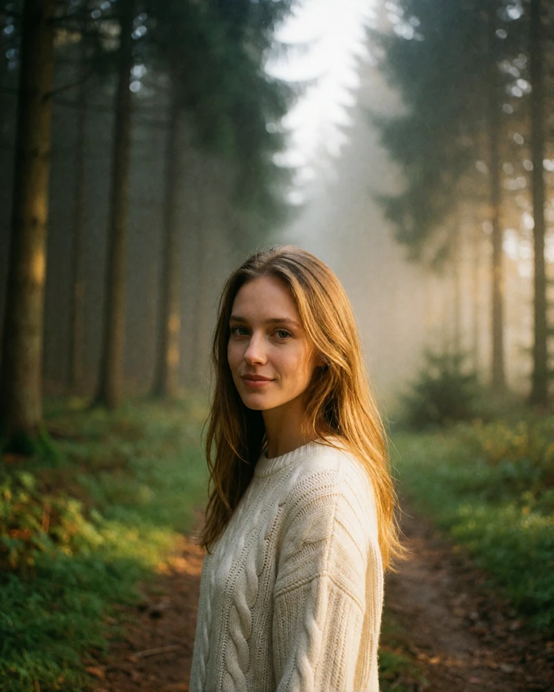 German woman in a cream cable-knit sweater smiling on a forest track in the Black Forest with morning mist behind her