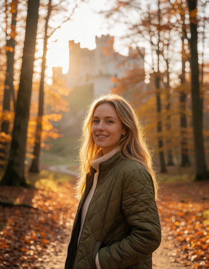Luxembourg woman in an olive jacket on a woodland path in the Ardennes