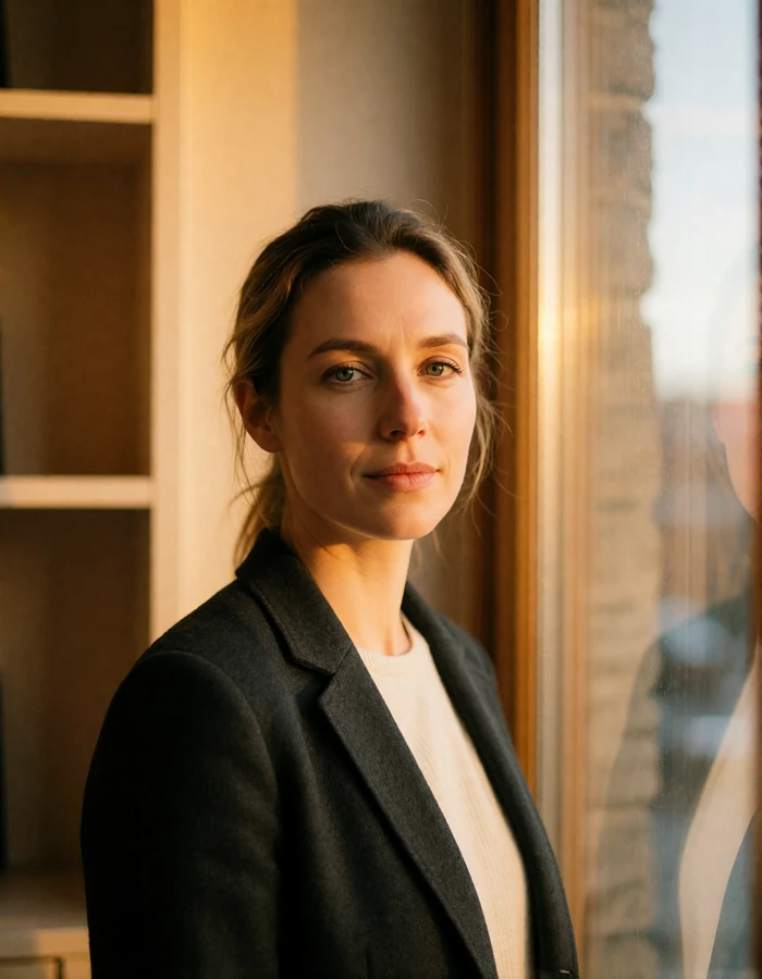 Norwegian woman in a charcoal blazer standing beside a tall window in a quiet reading room