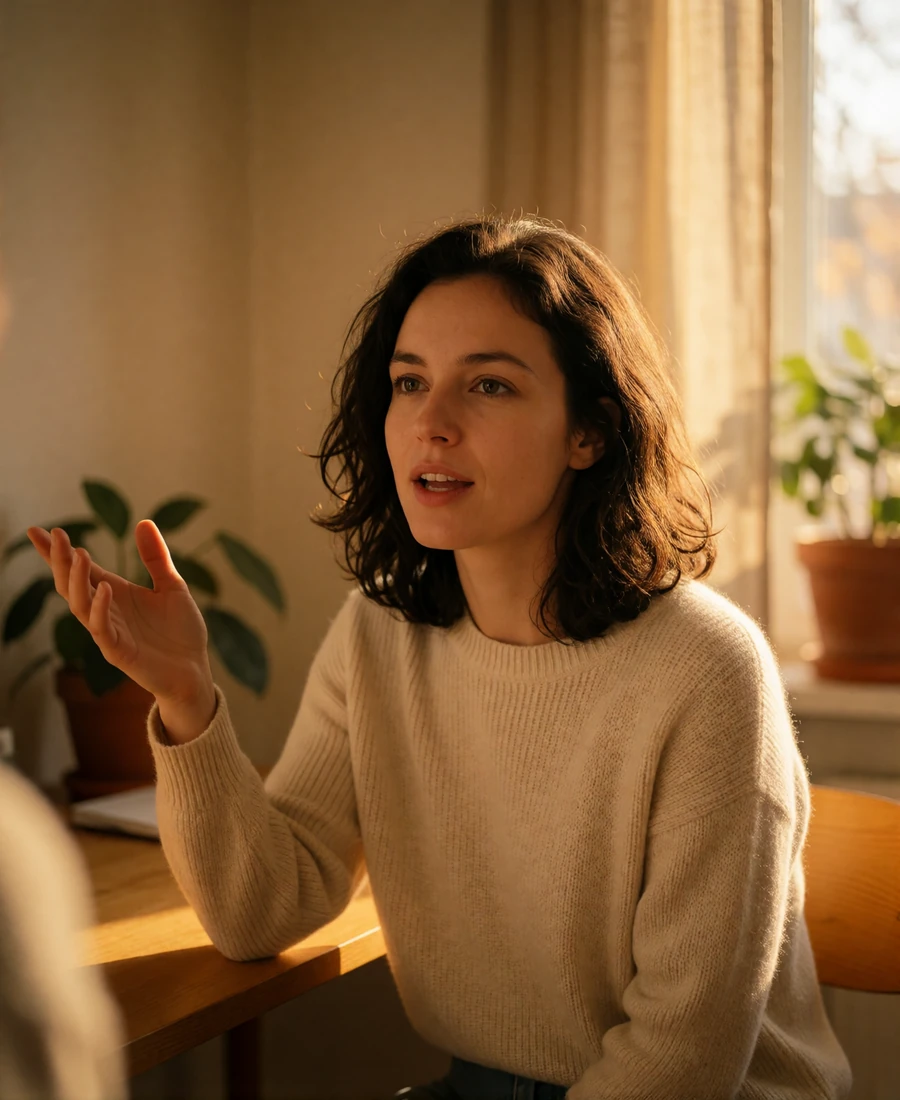 European woman in a cream knit sweater gesturing while speaking during a video call at a sunlit wooden desk