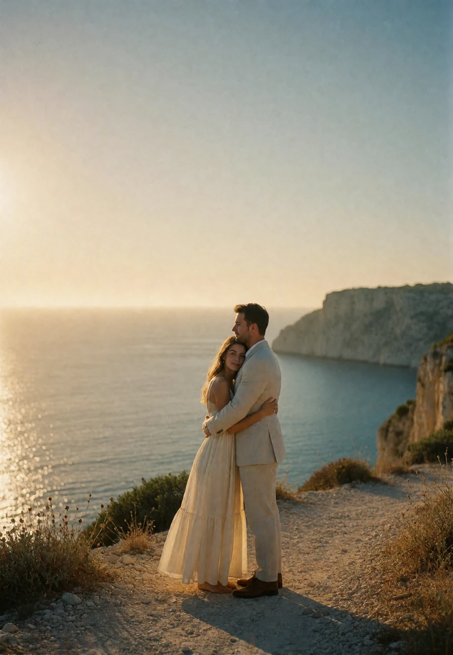 Couple embracing on a clifftop path above the Mediterranean at golden hour with a distant headland behind them