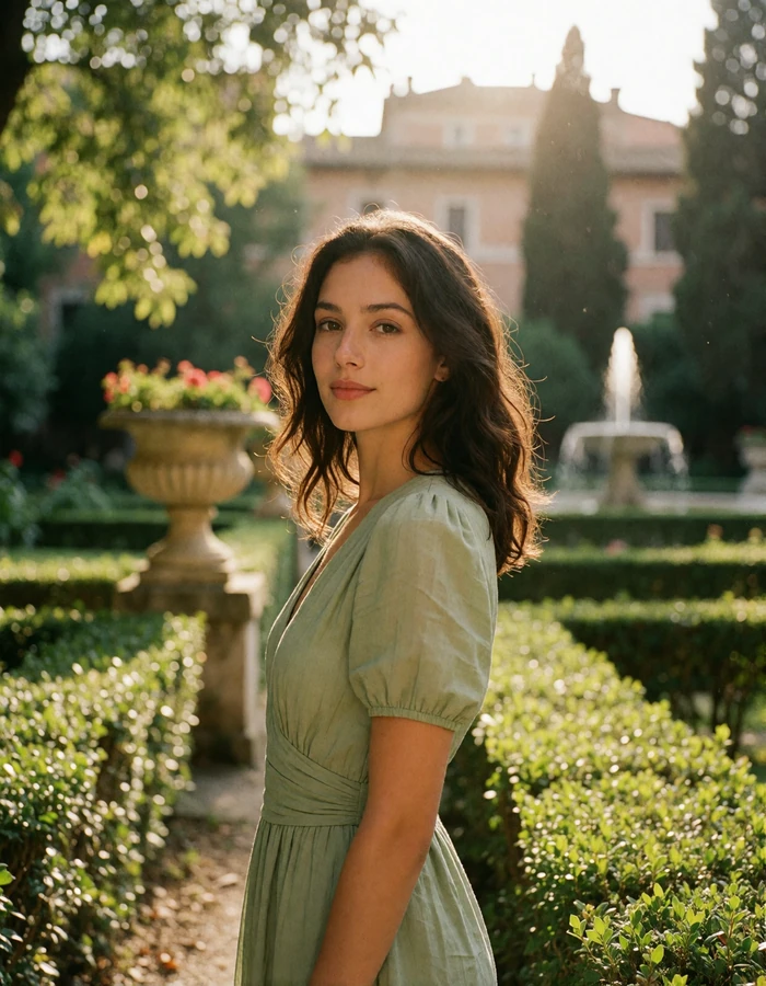 Woman in a sage-green dress standing in a formal Roman garden of clipped hedges