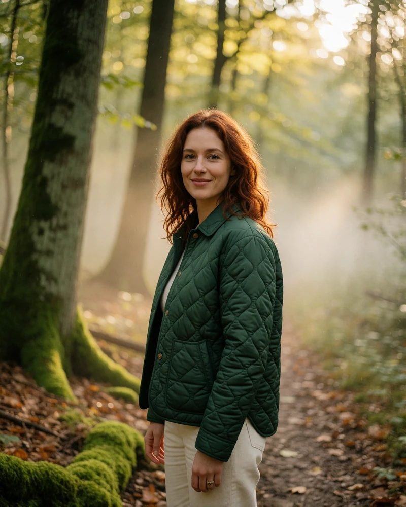 Belgian woman in a green quilted jacket smiling on a misty wooded trail in the Ardennes