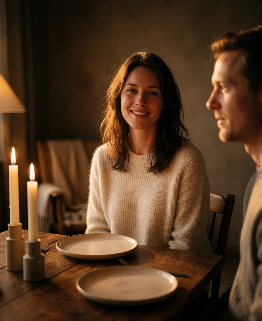 Danish woman smiling across a candlelit wooden table during a warm evening dinner with her partner