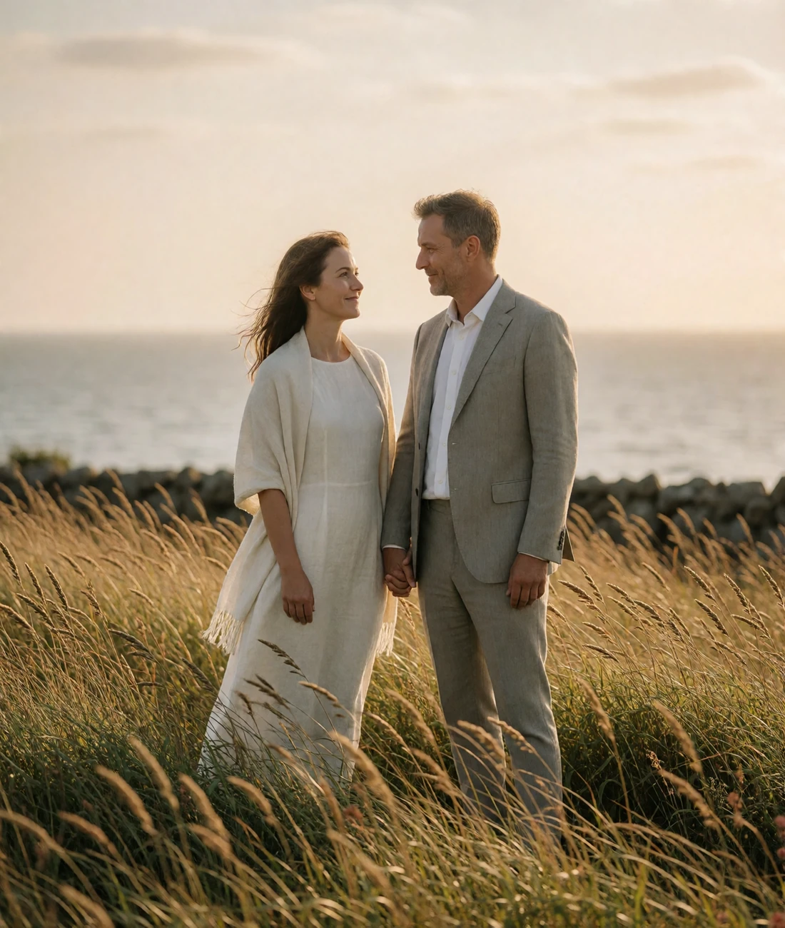 Couple holding hands on a windswept island meadow near the Estonian coast at golden hour