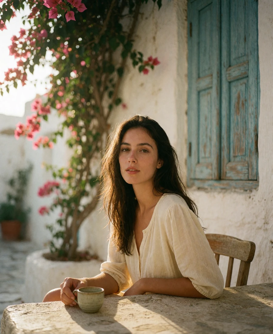 Cypriot woman relaxing at a shaded stone courtyard table beside bougainvillea in a whitewashed village