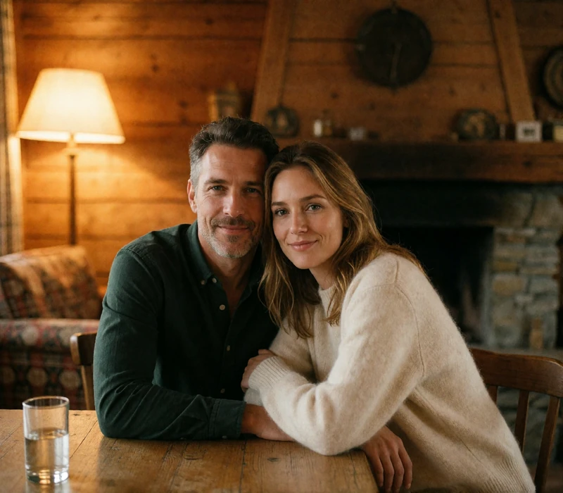 Couple seated together at a wooden table inside an alpine chalet dining room