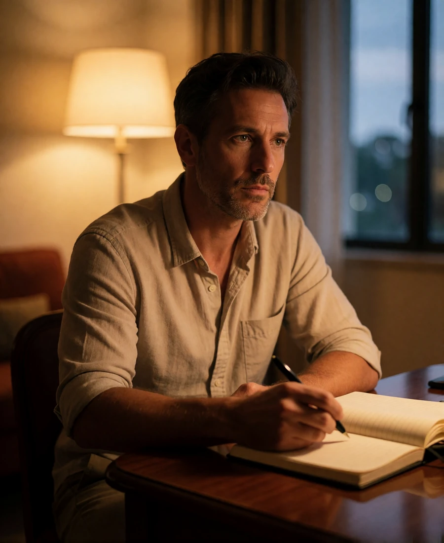 Man in his forties at a hotel room desk in the evening, considering his schedule under warm lamp light