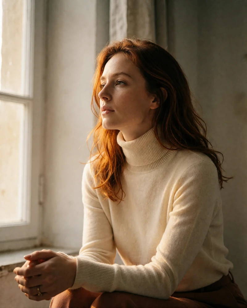 European woman in a cream turtleneck sitting thoughtfully near a window in soft natural light