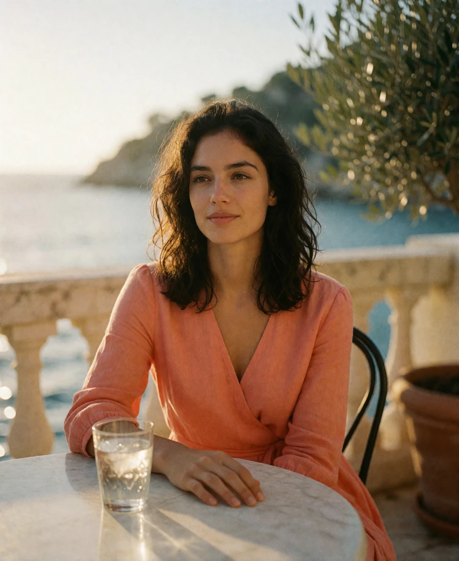 Woman in a coral linen dress seated at a marble table on a Riviera seaside terrace overlooking the Mediterranean