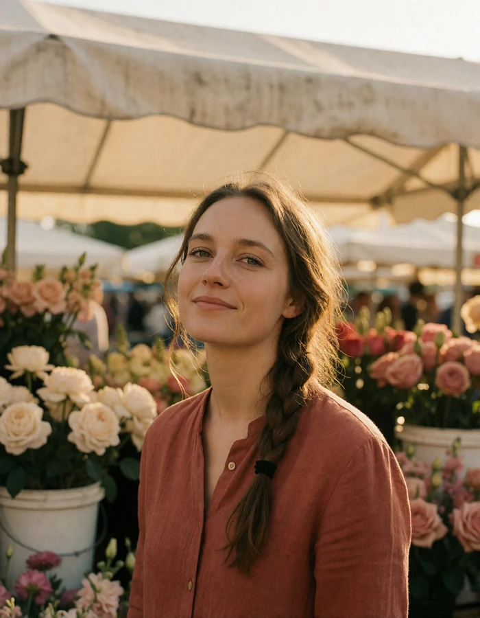 Norwegian woman in a rust linen shirt smiling at an open-air flower market stall