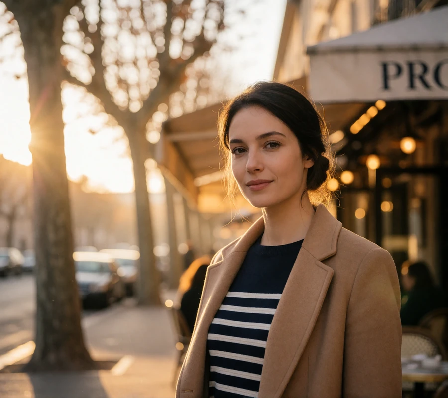 French woman in a camel coat smiling on a Provençal café street lined with plane trees