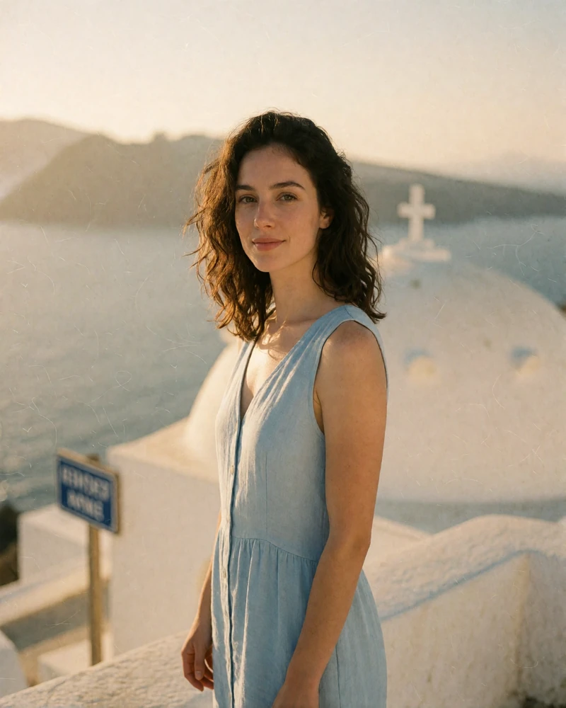 Greek woman on a whitewashed island terrace overlooking the Aegean Sea