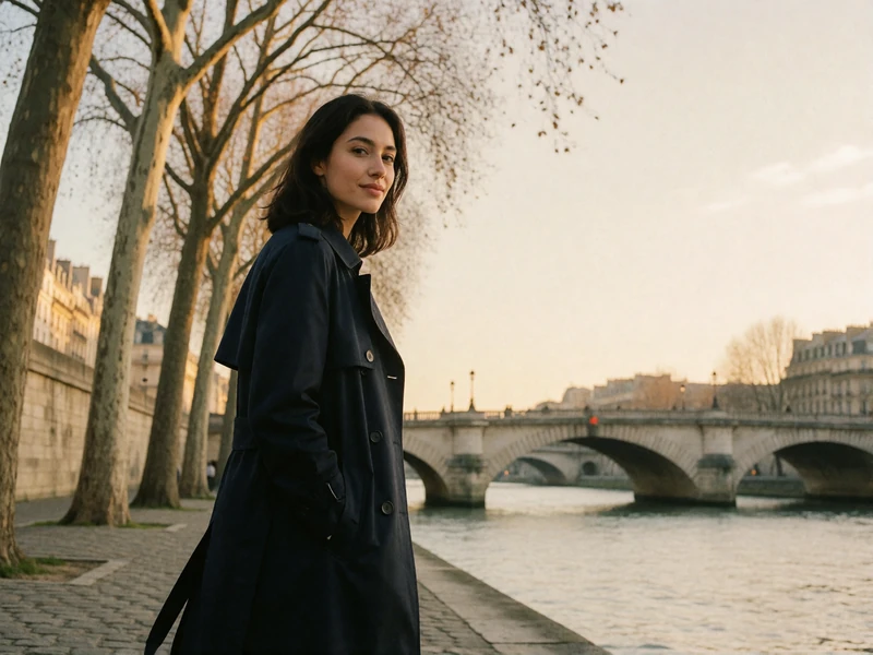 French woman in a navy trench coat walking along a Parisian riverside quay