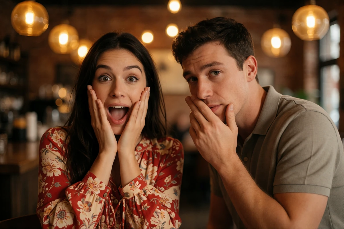 Woman in a floral blouse pretending exaggerated shock with hands on her cheeks while a man leans in with a mischievous grin in a cafe