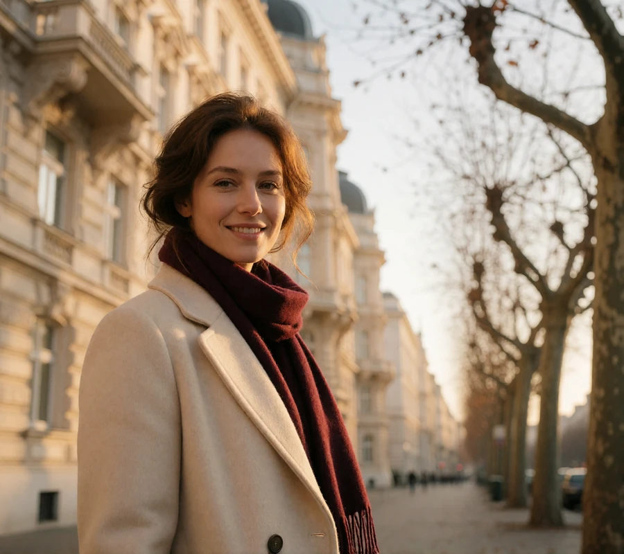 Austrian woman in a cream wool coat smiling on a Viennese boulevard with baroque façades