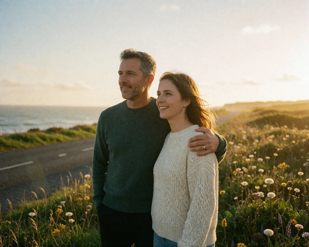 Couple standing together above a wild Atlantic coastal road in Ireland at sunset