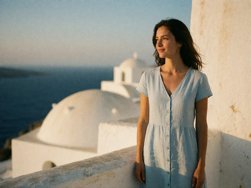 Greek woman in a light blue linen dress standing on a whitewashed island terrace overlooking the Aegean Sea