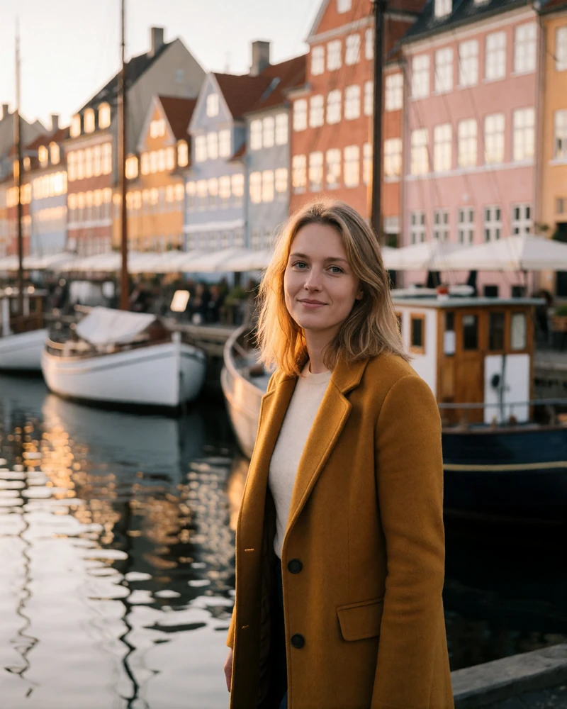 Danish woman in a mustard wool coat walking beside a Copenhagen canal at golden hour